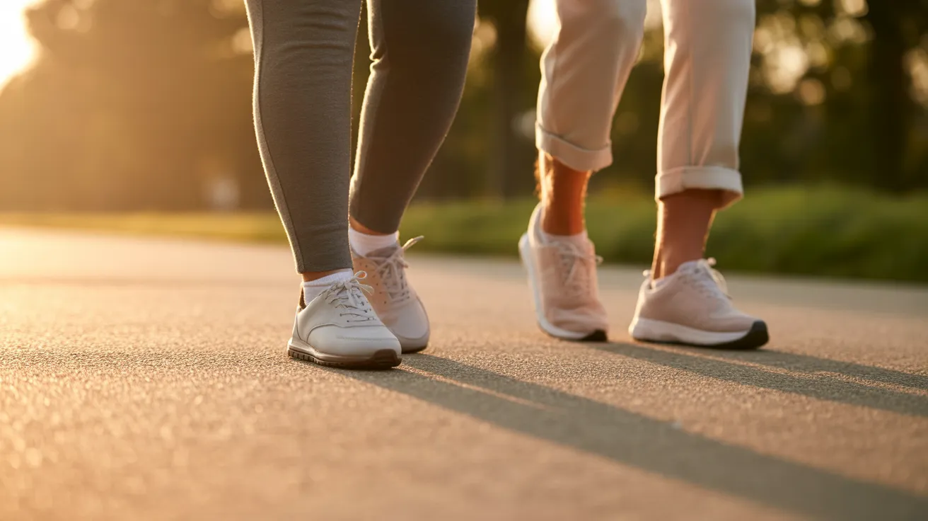 A close-up view of two pairs of sneakers, worn by seniors, stepping in sync on a gravel path during a warm, golden sunset.