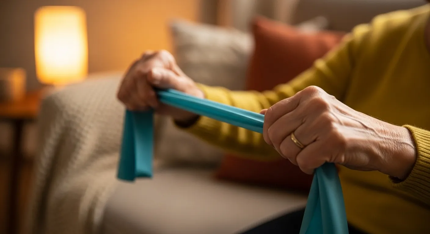 A close-up of a senior's hands pulling a light-colored resistance band in a warmly lit room.
