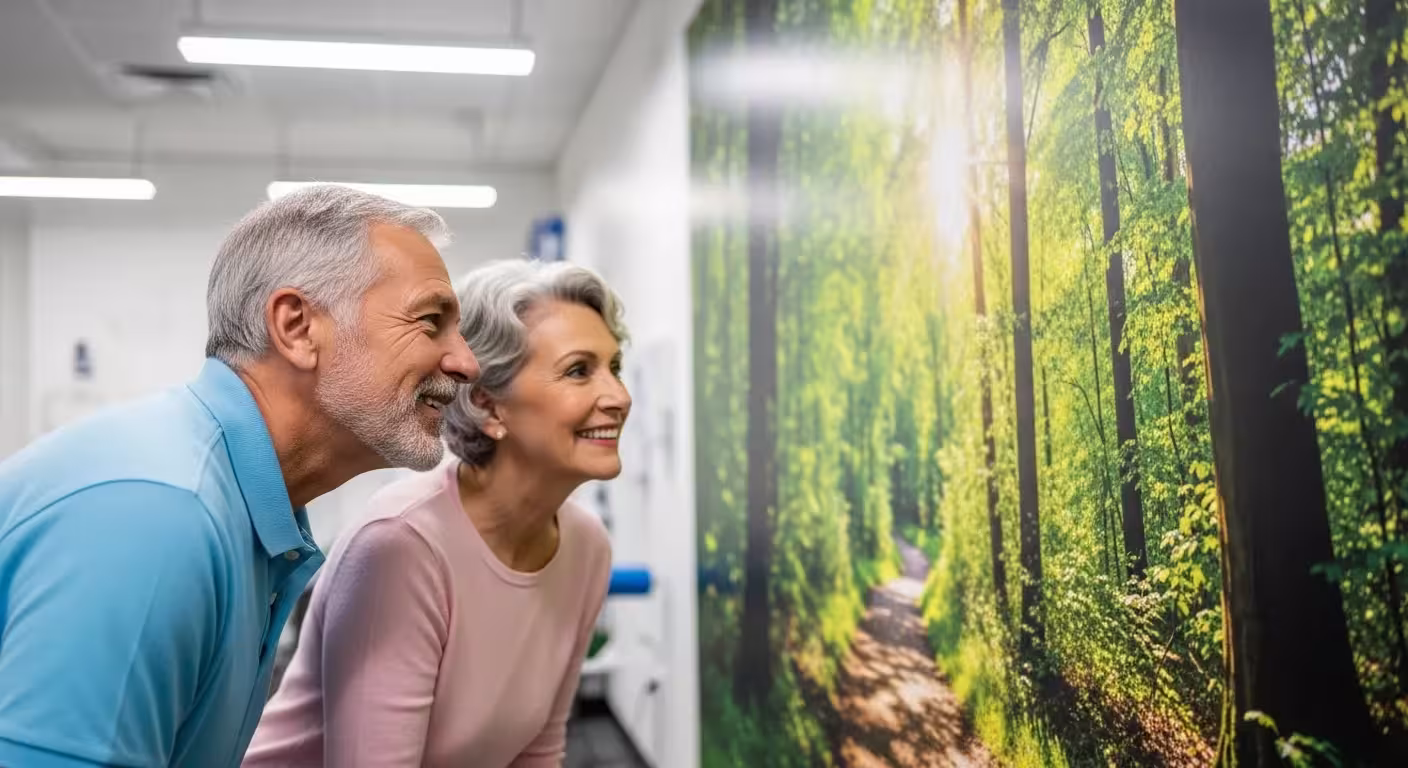 A senior man and woman in a bright, modern clinic look hopefully at a large wall photo of a sunny forest path.