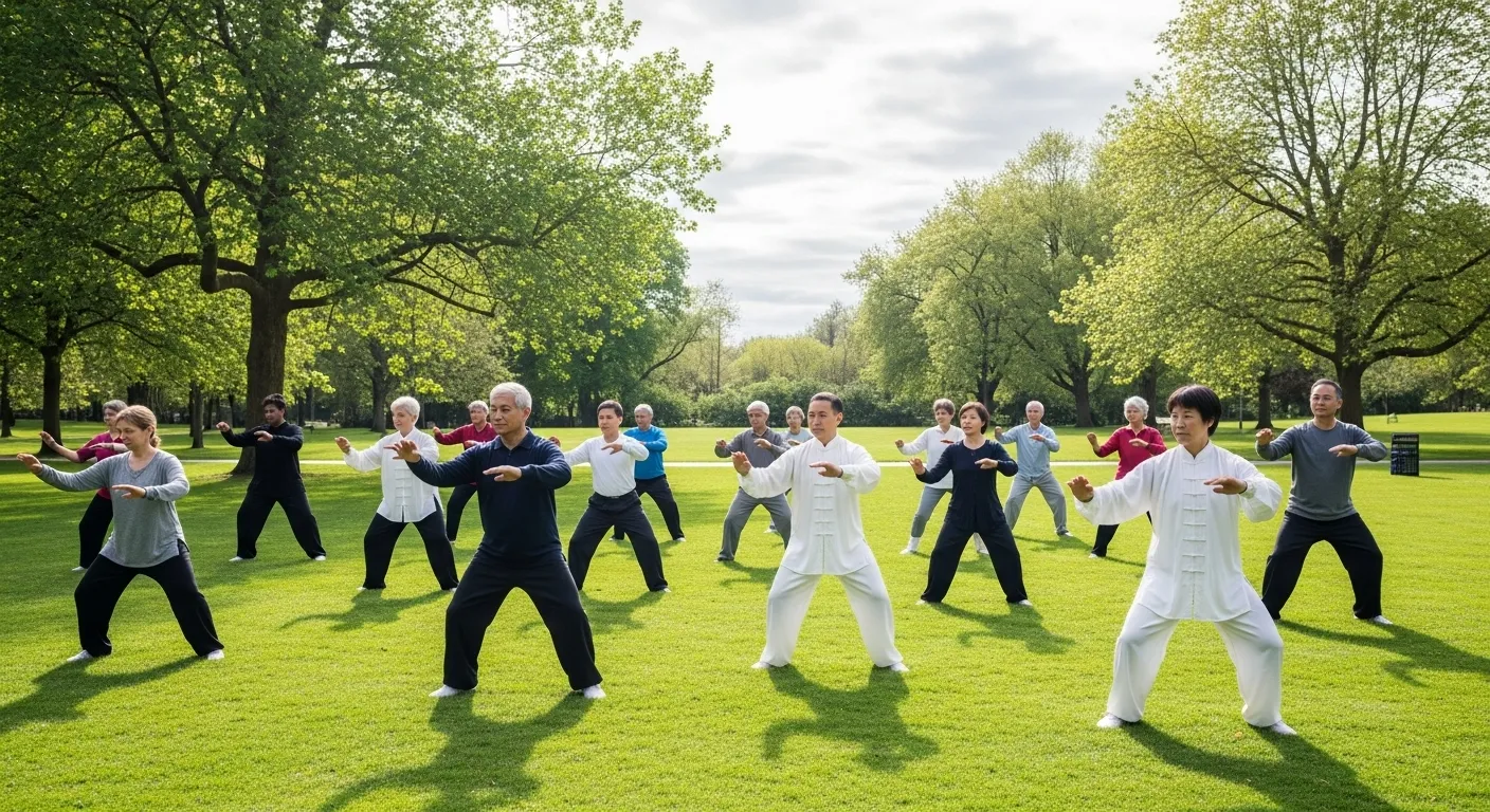 A group of older adults in comfortable clothes performs synchronized Tai Chi movements on the grass in a serene park setting.