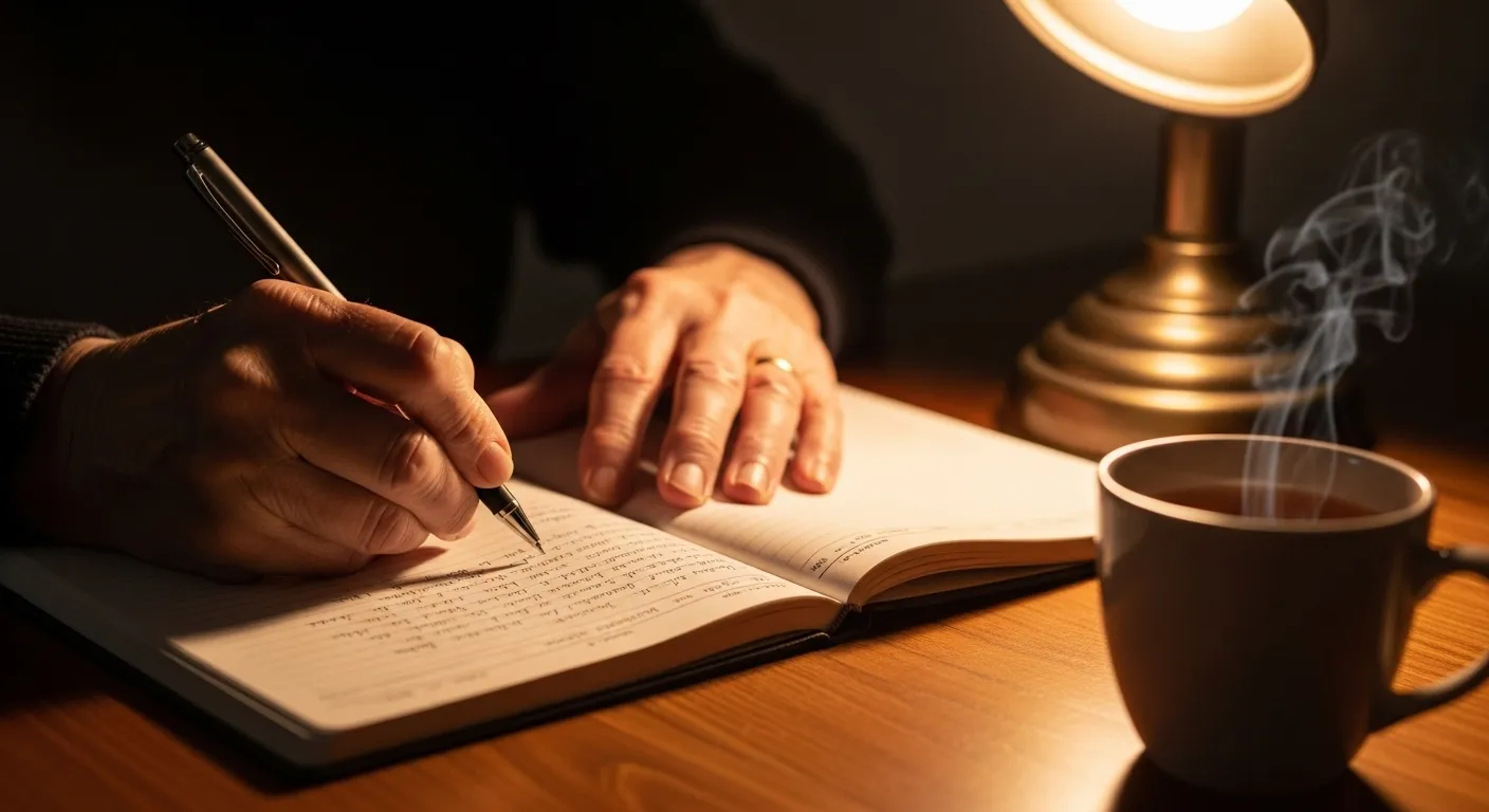A close-up of an older person's hands writing in a notebook by the warm light of a lamp, with a teacup nearby.