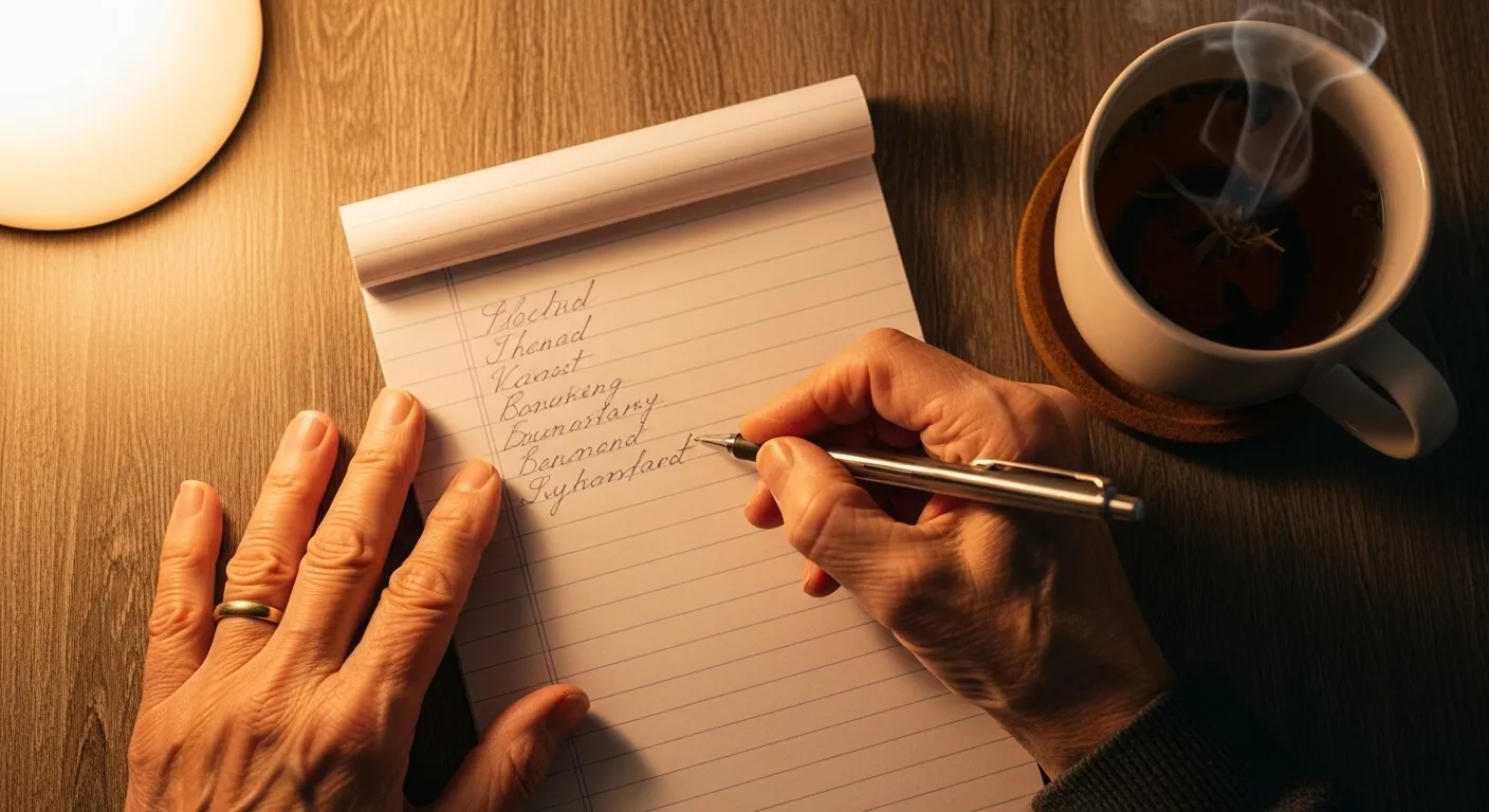 A close-up overhead view of an older person's hands writing on a notepad under warm lamplight, with a teacup resting at the edge of the desk.