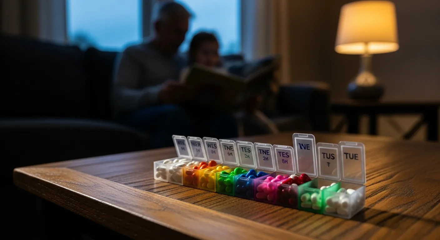 A close-up of a pill organizer on a table. In the soft-focus background, a grandparent reads to a grandchild on a sofa at dusk.