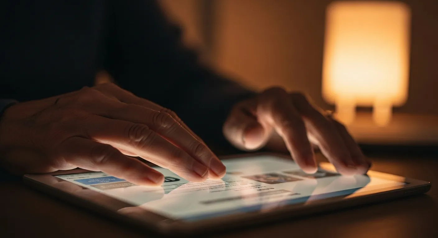 A close-up of a senior's hands on a tablet computer in a warmly lit room, suggesting online health research.