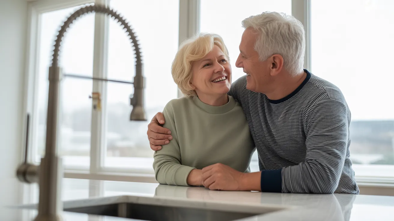 An elderly man and woman laugh together at a sunlit kitchen island, with a contemporary faucet in the foreground.