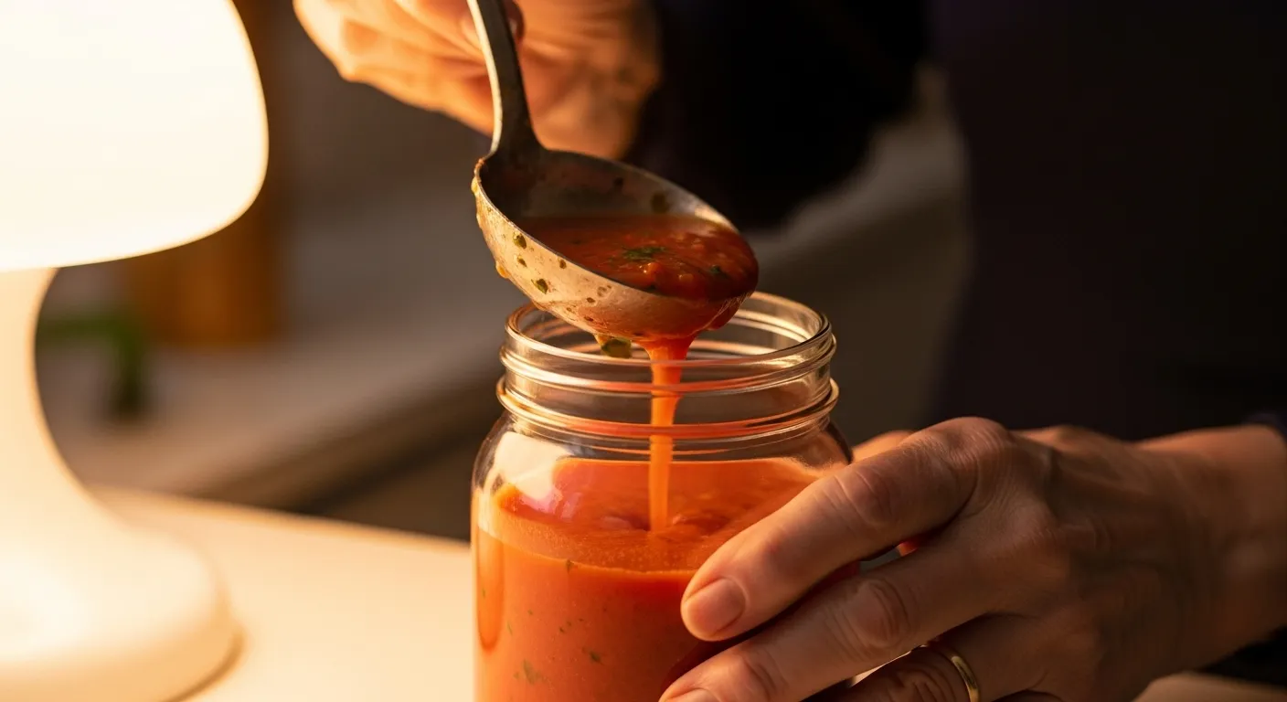 Close-up of senior hands pouring homemade red soup into a clear glass jar under warm, soft evening light, suggesting a healthy choice.