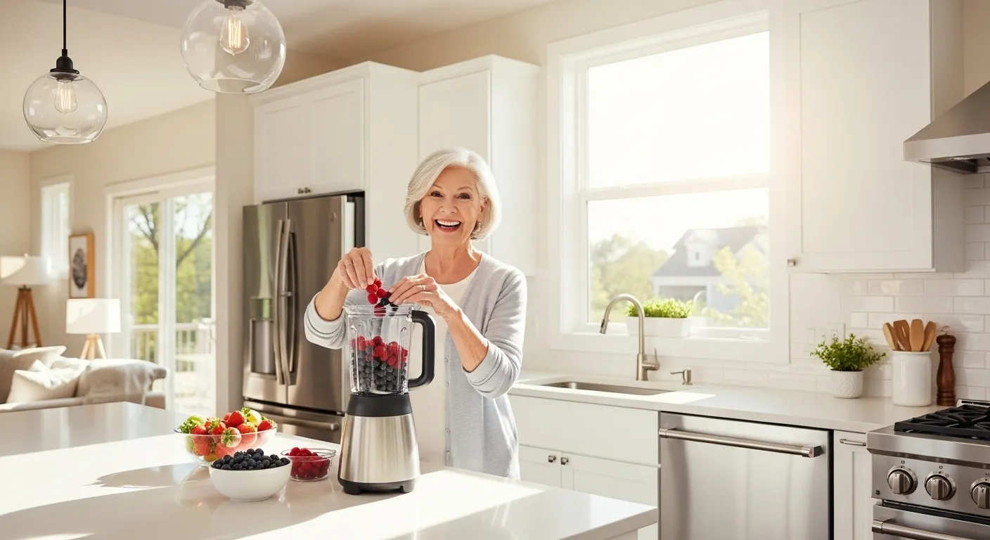 A smiling senior woman stands in her bright, sunny kitchen, preparing a healthy fruit smoothie in a blender on the counter.