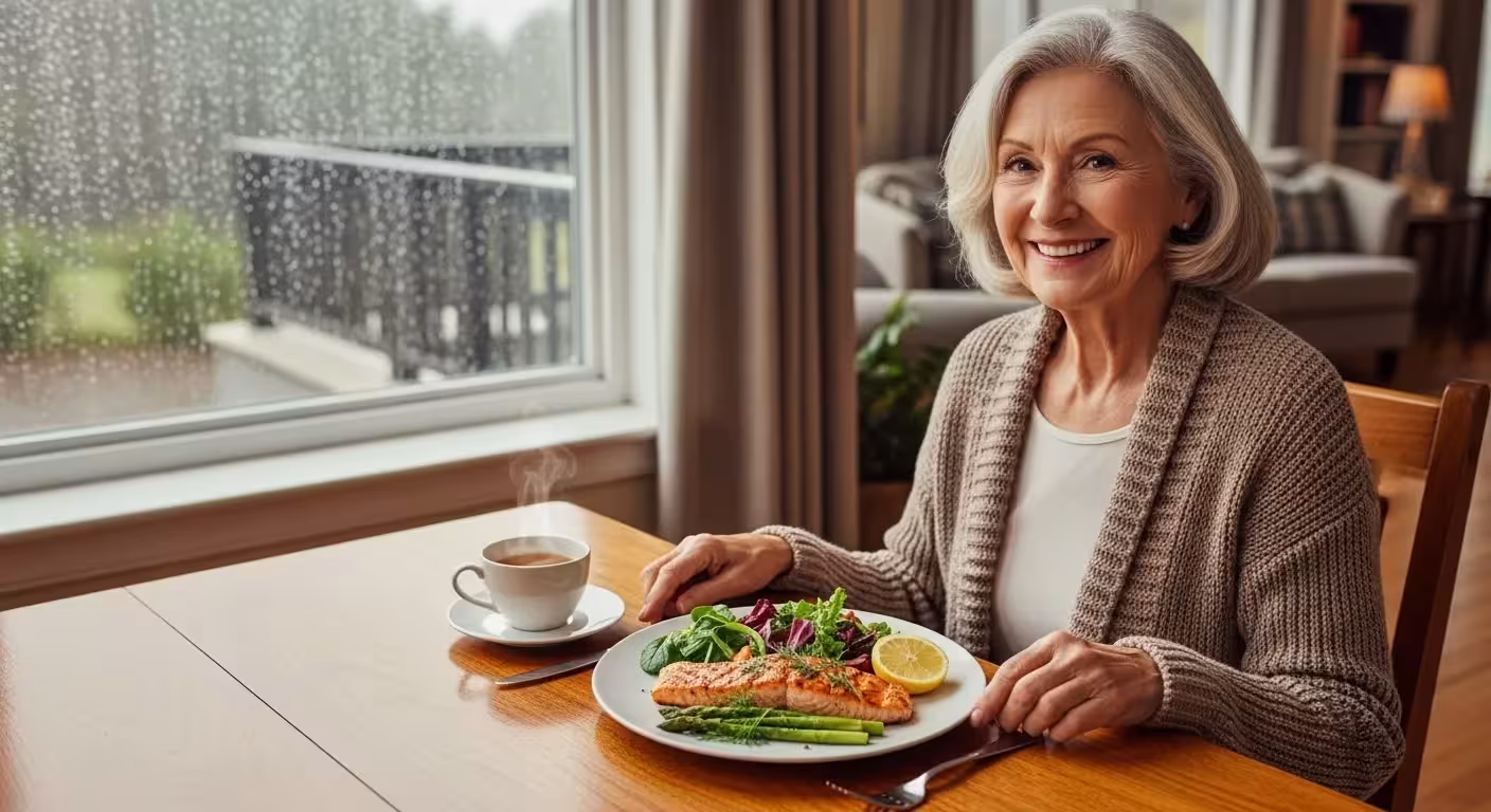 A smiling senior woman sits by a window on a rainy day, ready to eat a healthy meal of grilled salmon.