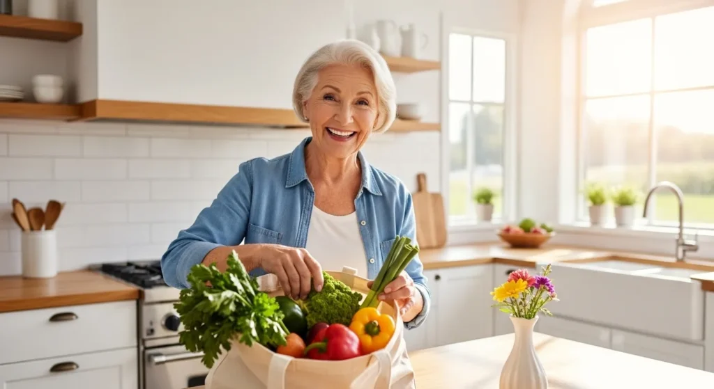 A happy senior woman in a sunlit kitchen, smiling as she unpacks fresh vegetables like carrots and leafy greens from a grocery bag onto her counter.