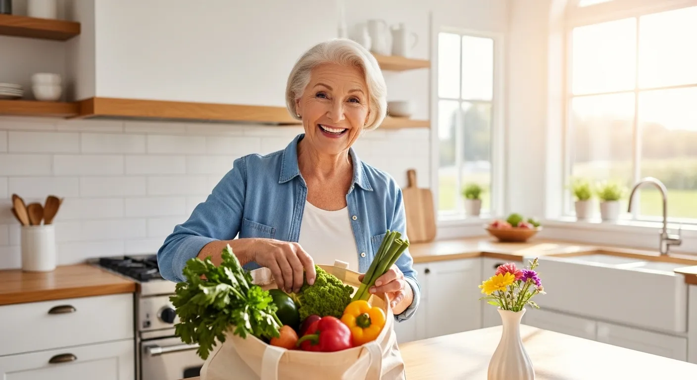 A happy senior woman in a sunlit kitchen, smiling as she unpacks fresh vegetables like carrots and leafy greens from a grocery bag onto her counter.