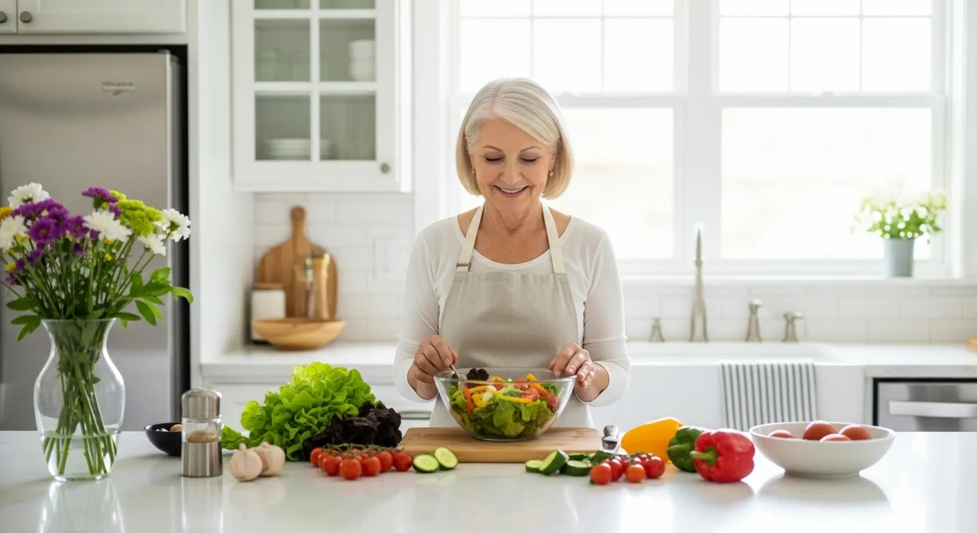 A smiling senior woman stands in her sunlit kitchen preparing a healthy salad, looking content and full of vitality.
