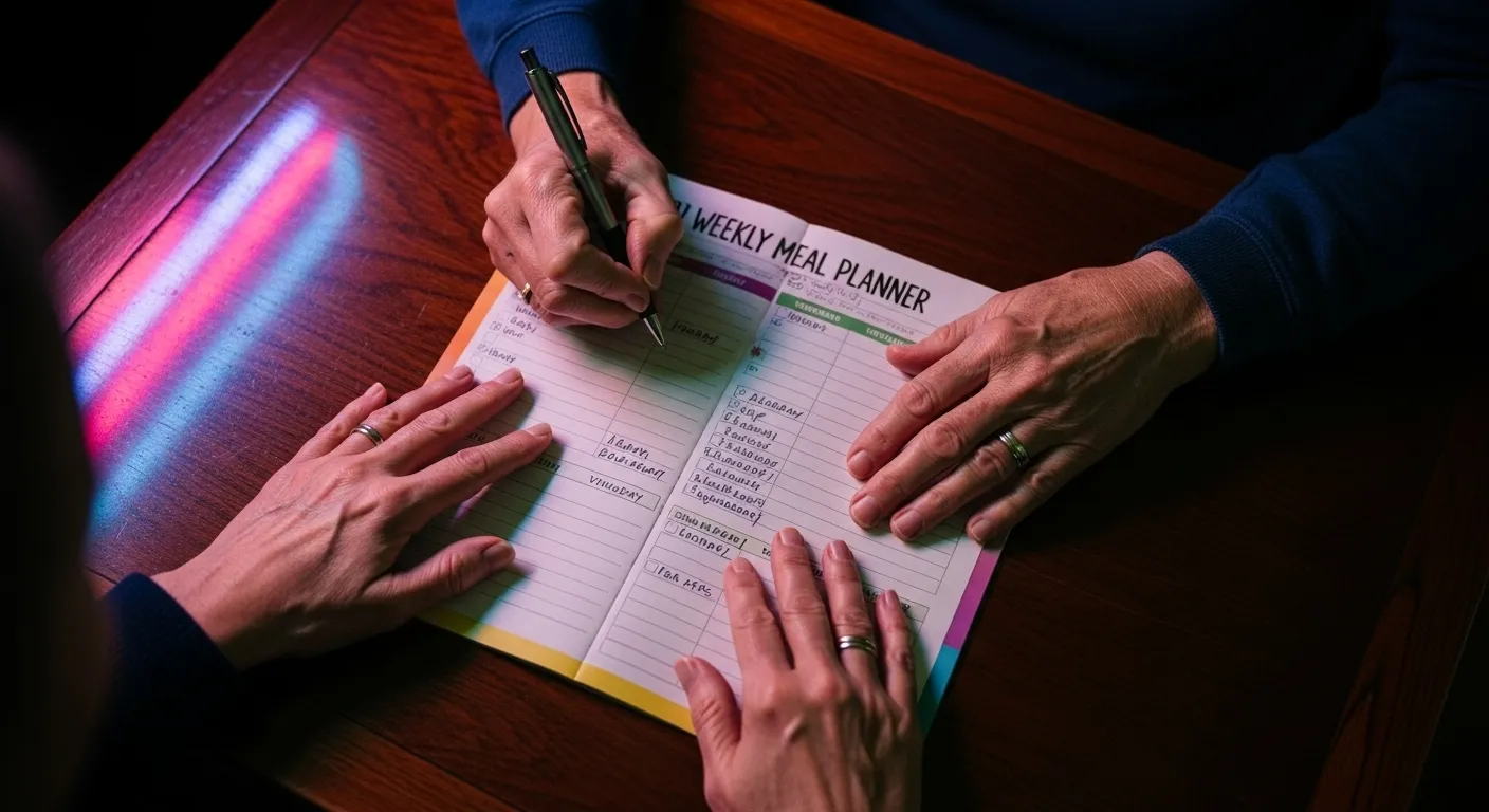 An overhead shot of a senior couple's hands working on a meal planner at night, with the warm, colorful light of a neon sign.