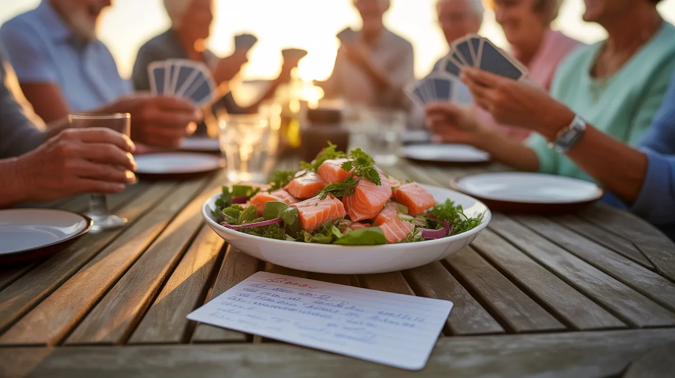 A close-up of a handwritten recipe card on a table during sunset, with the blurred hands of older friends playing cards in the background.