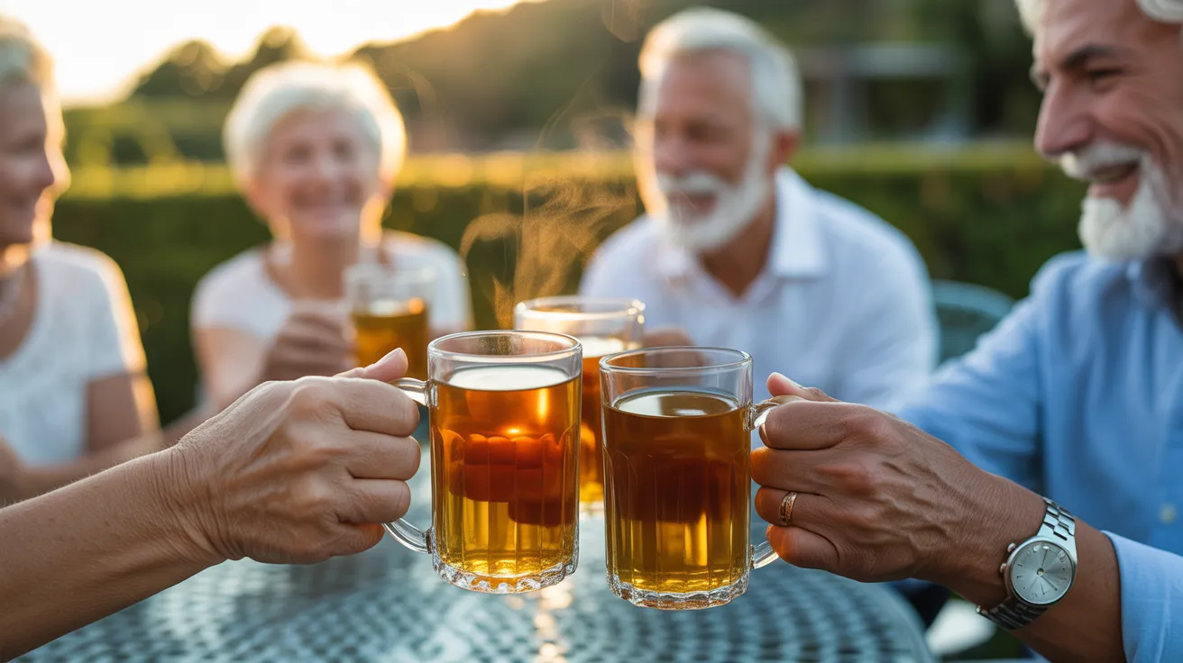 A close-up of three older friends' hands toasting with glass mugs of steaming herbal tea on a patio during a warm, golden sunset.