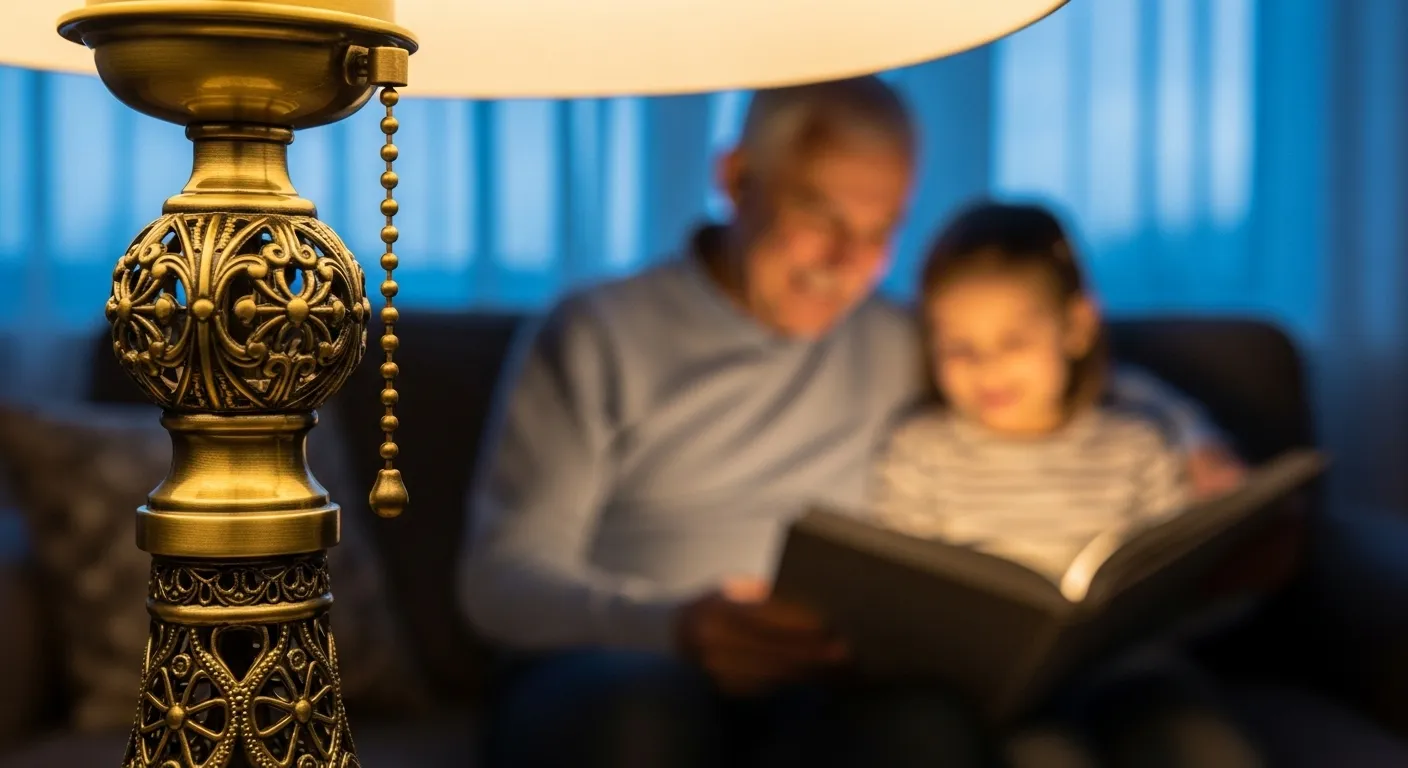 A close-up of a lamp's brass pull chain, with a grandparent and grandchild reading happily together in the soft-focus background at dusk.