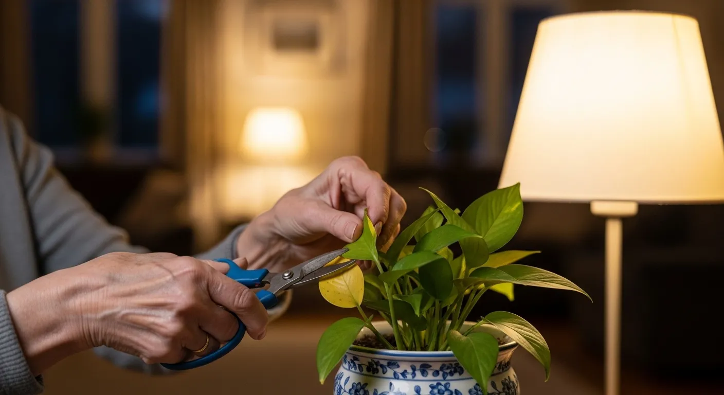 A close-up of an older person's hands nurturing a small indoor plant under the warm, soft light of an evening lamp inside their home.