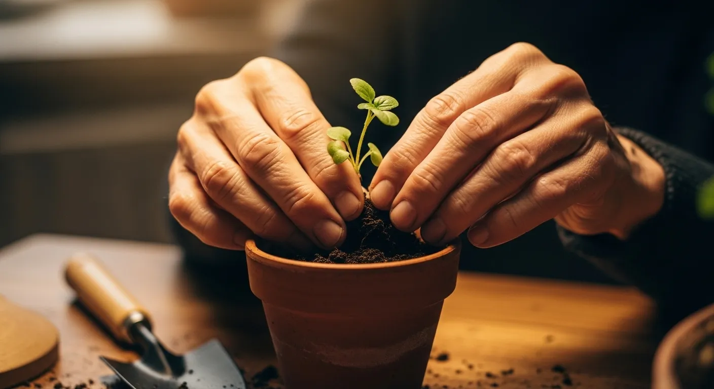 A close-up of an older person's hands gently patting soil around a small green plant in a pot under the warm glow of an evening lamp.