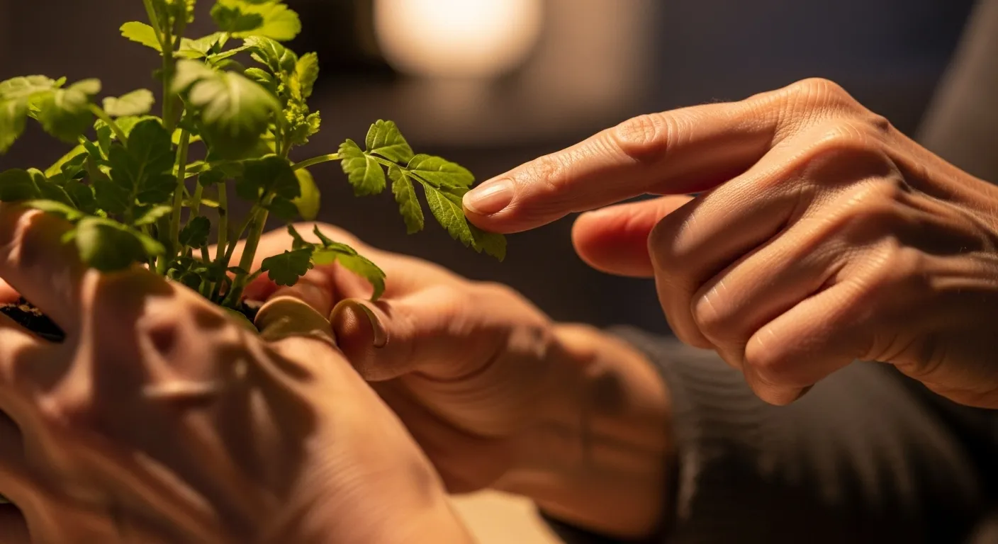 A close-up of a senior's hands gently touching the leaf of a small houseplant, illuminated by the warm light of an evening lamp.