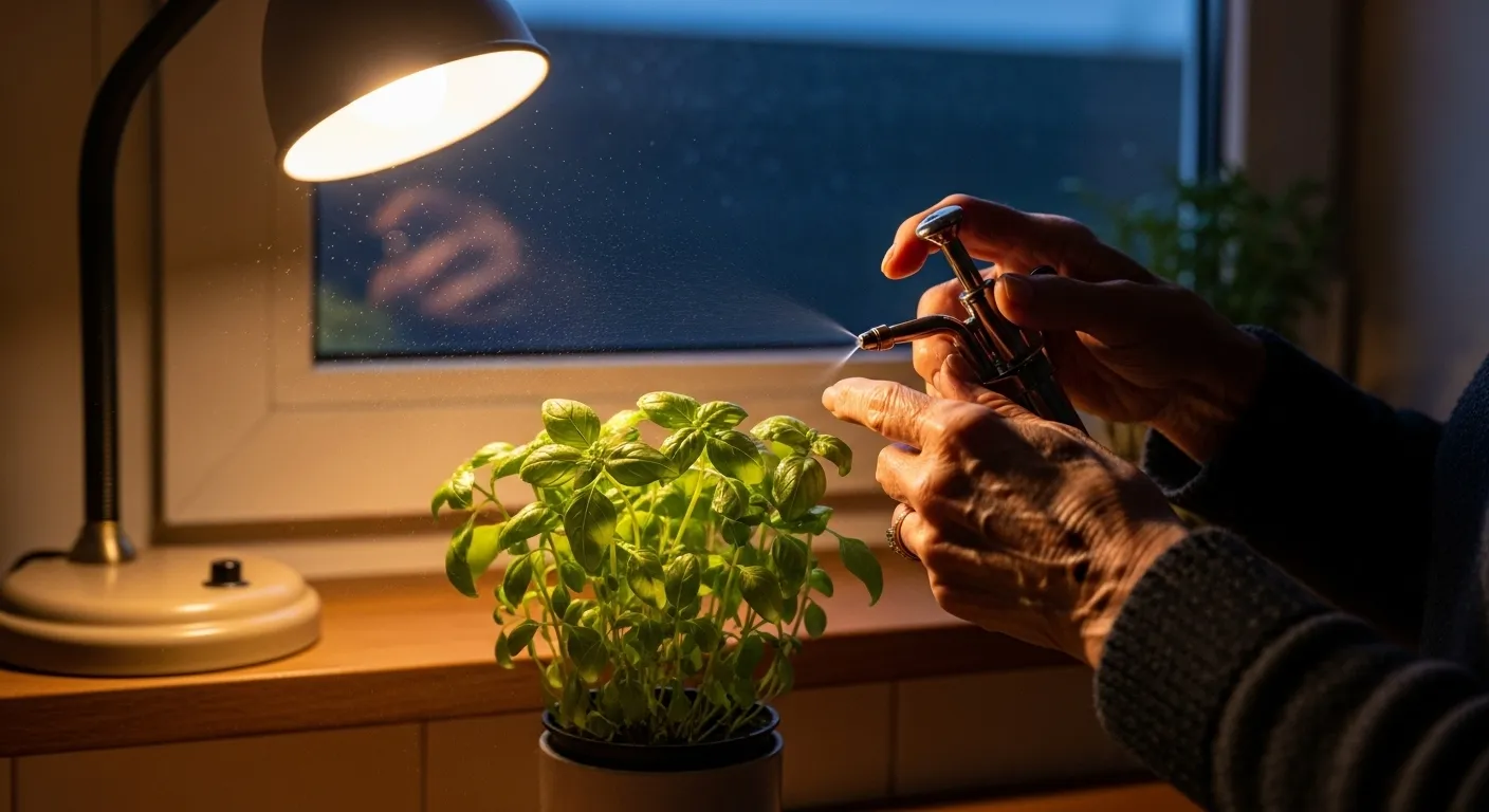 Close-up of a senior's hands carefully spraying water on a small houseplant in the evening, lit by a warm lamp.