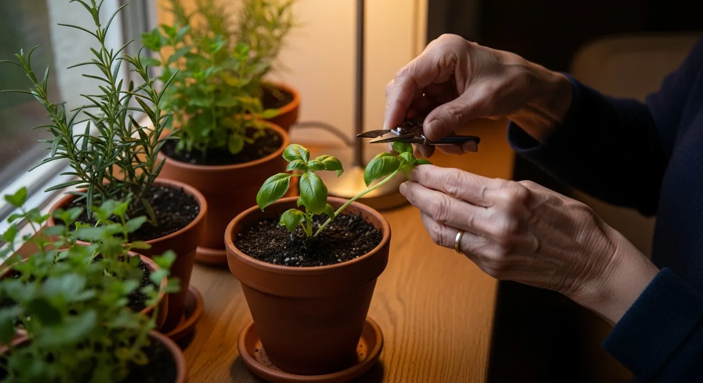 A close-up of a senior's hands gently patting soil around small herbs in an indoor planter, lit by the warm glow of an evening lamp.