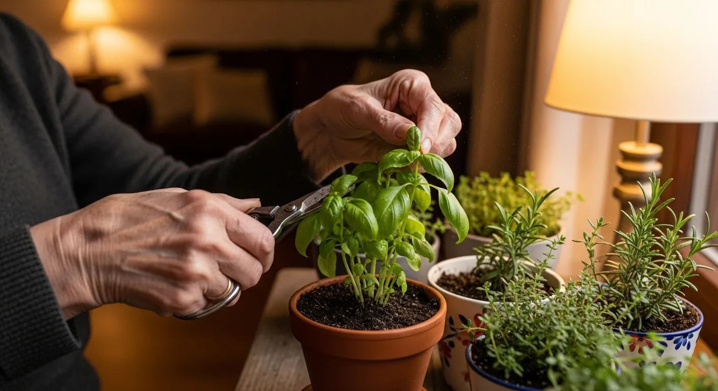 A close-up of a senior's hands caring for a small indoor plant under the warm glow of an evening lamp in a cozy room.