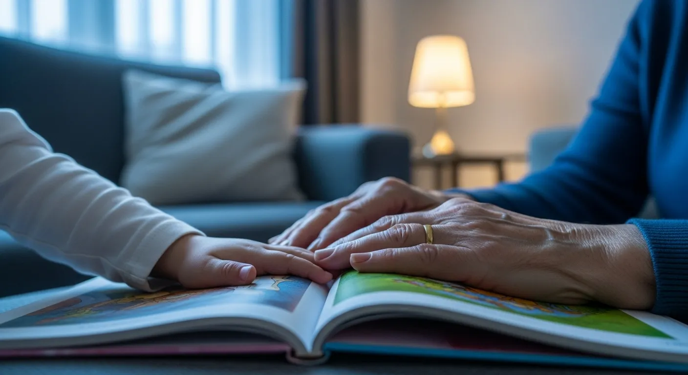 A close-up of a child's hand and a grandparent's hand together on a storybook page, illuminated by a warm lamp in a softly lit room.