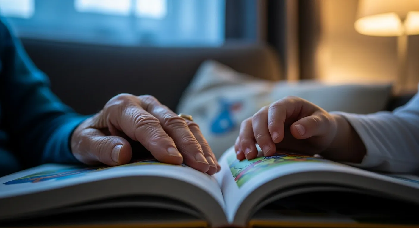 A close-up of a grandparent's and grandchild's hands together on an open book, symbolizing a shared moment of reading on a sofa at dusk.