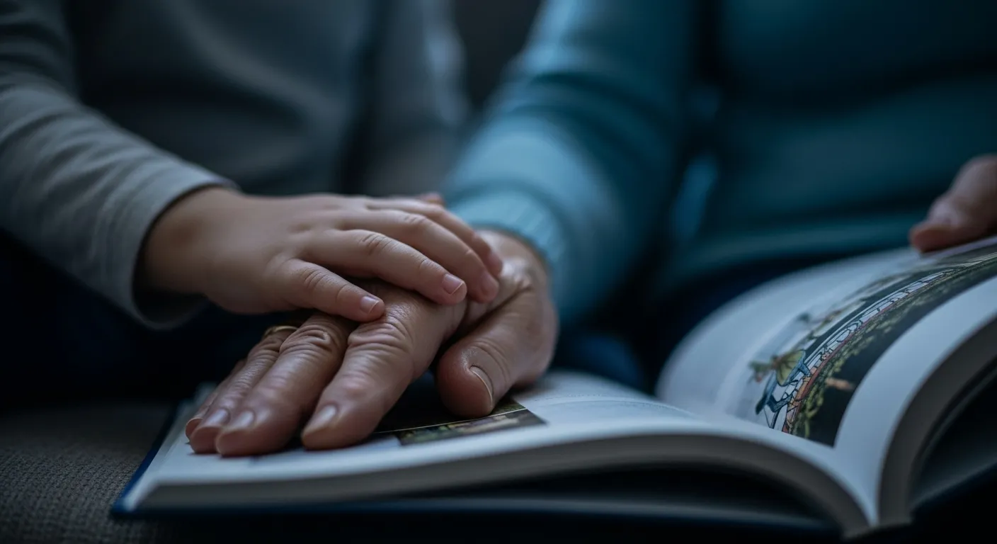 A macro photograph of a child's hand on a grandparent's hand as they read a book together on a sofa during twilight.
