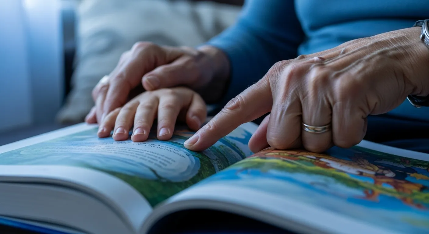 A close-up of a child's hand and a senior's hand resting together on a book page, illuminated by soft evening light.
