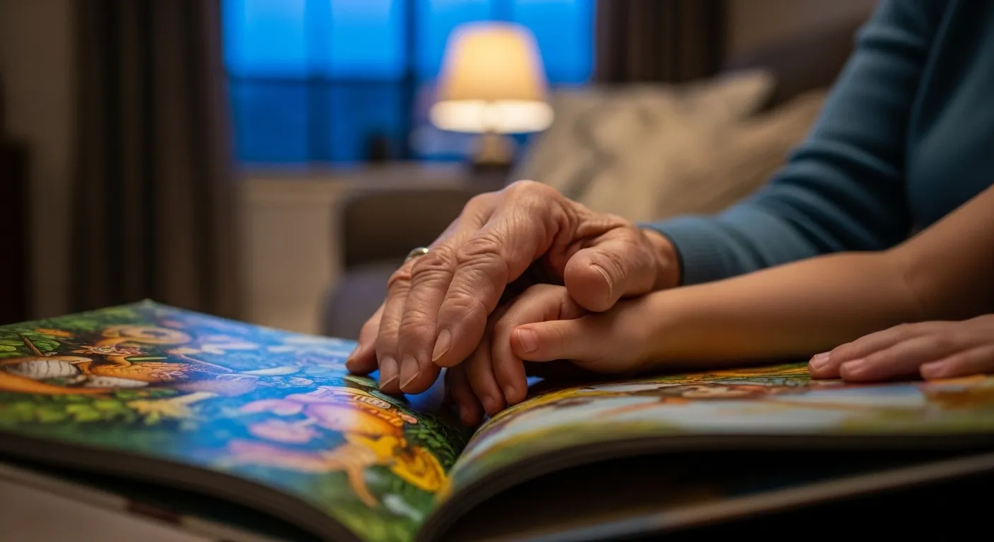 A close-up of a grandparent's and grandchild's hands holding a storybook together on a sofa during a peaceful evening.