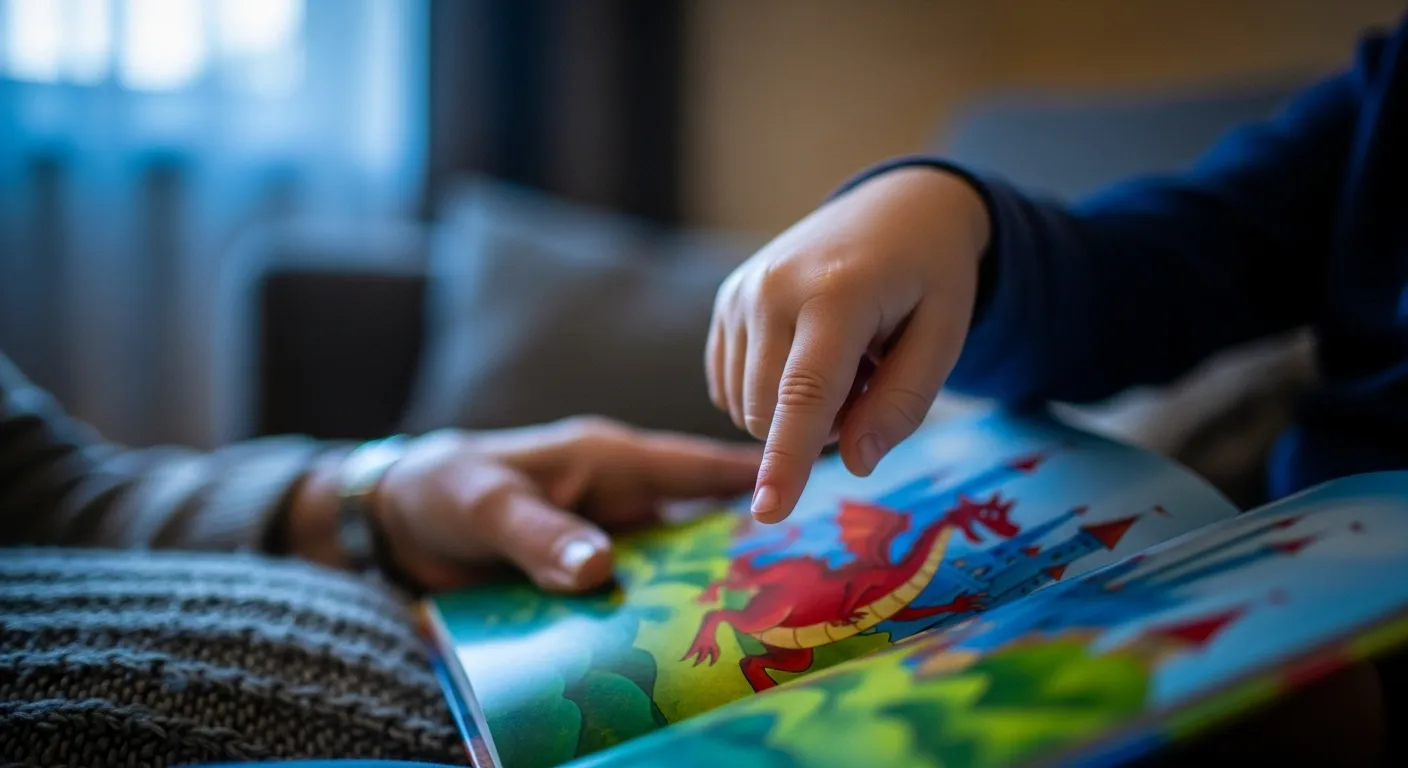 A close-up of a child's hand pointing at a page in a storybook, with a grandparent's hand resting gently nearby on a sofa at dusk.