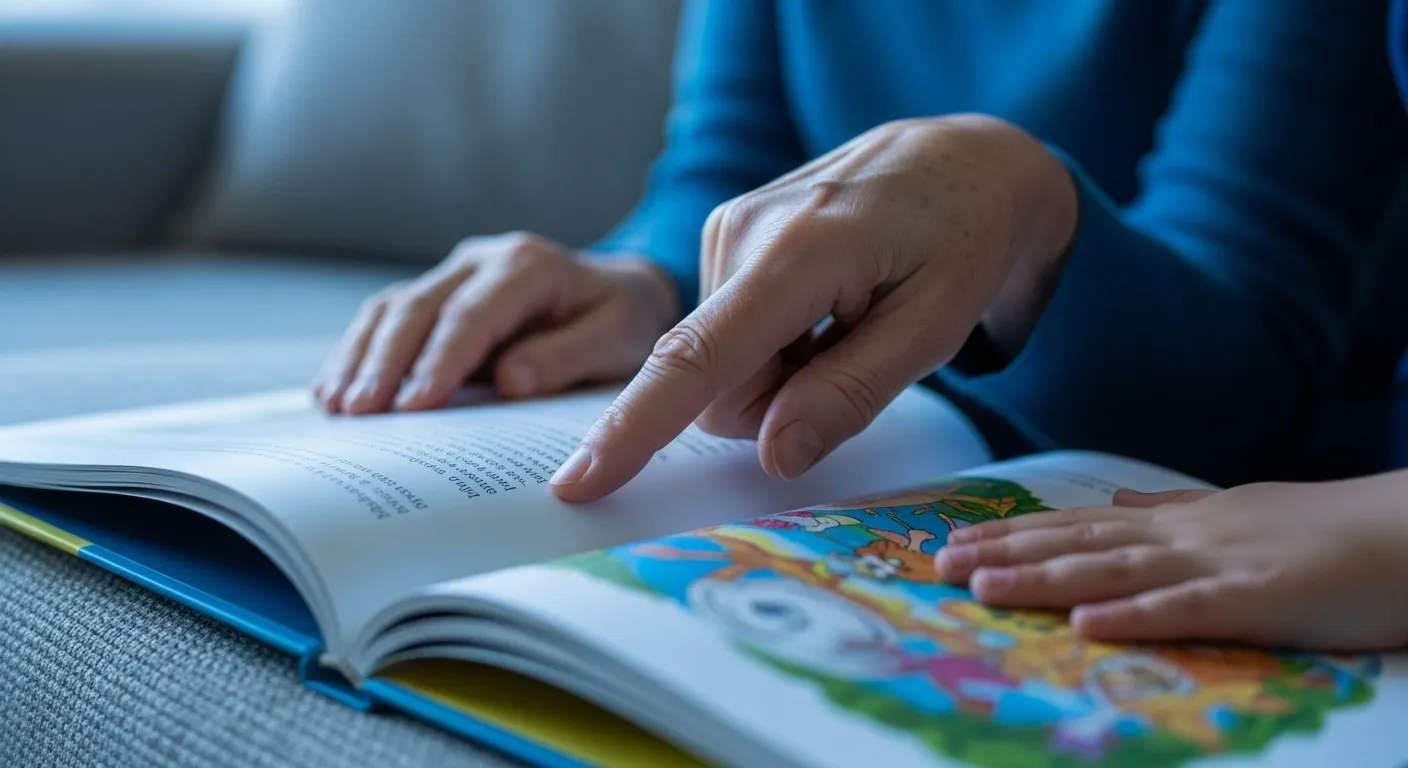 An extreme close-up of an elderly person's hand and a child's hand resting together on the pages of an open storybook in soft twilight.