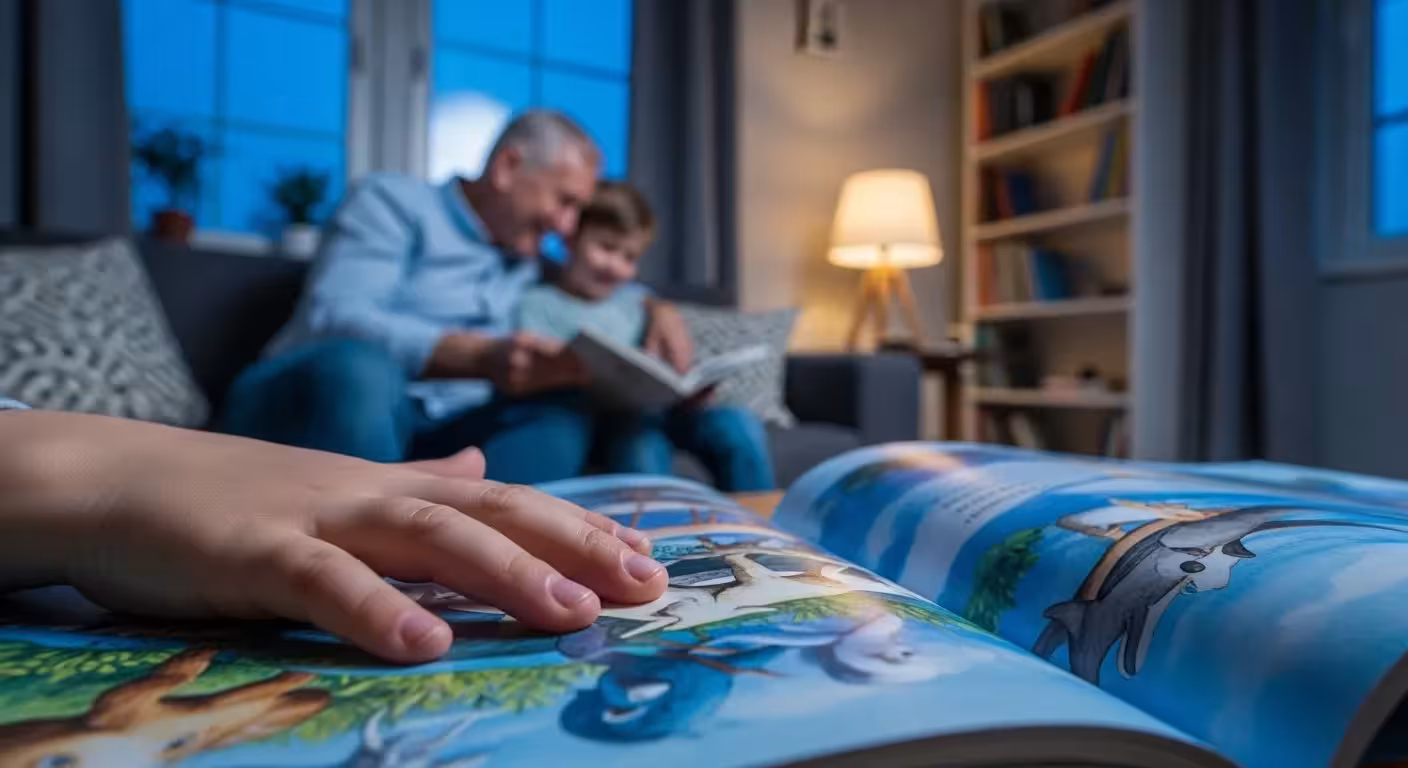 A close-up of a child's hand on a book, with a grandparent and grandchild reading together on a sofa in a softly lit room at twilight.