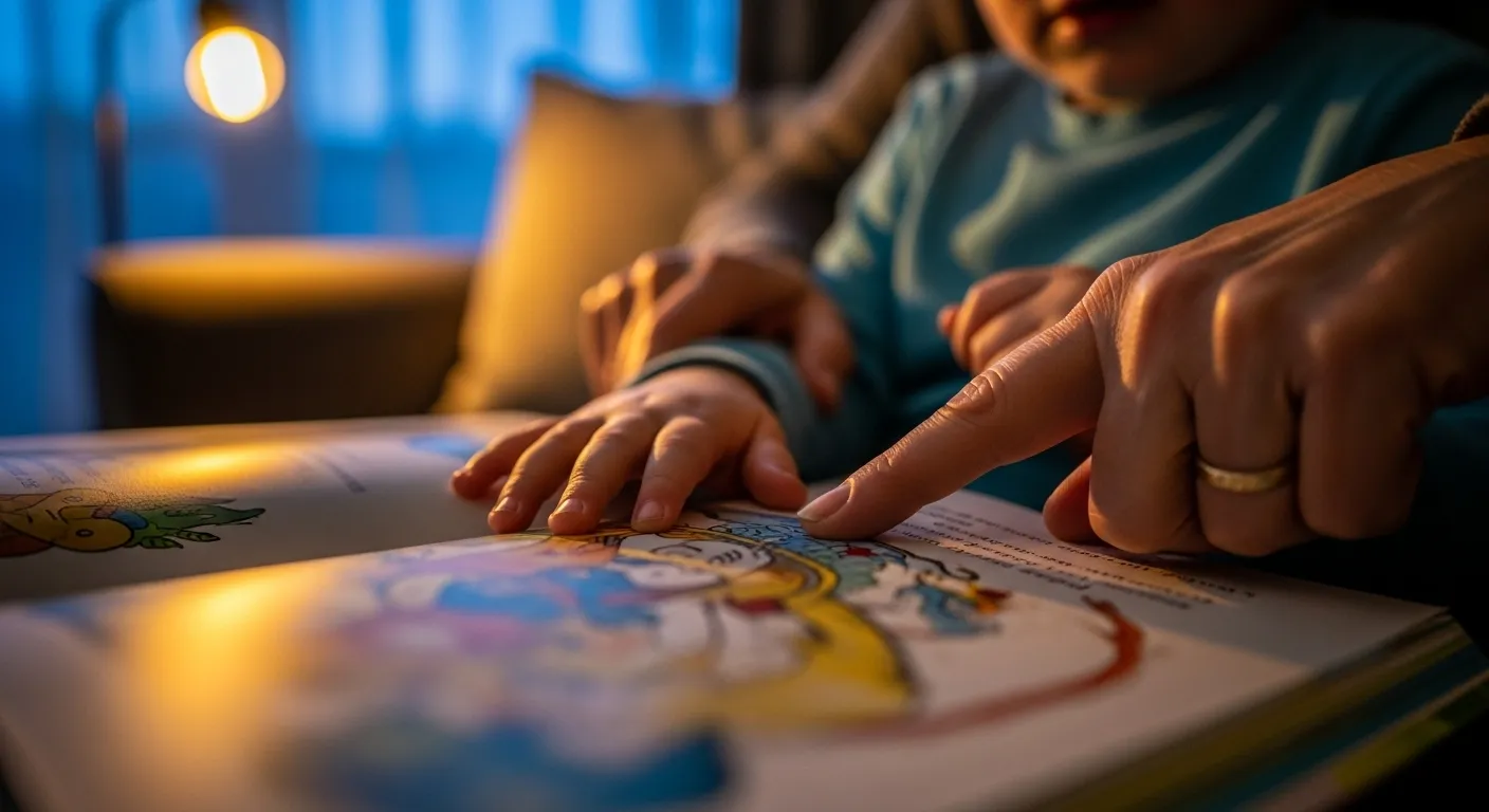 A close-up of a grandparent's and grandchild's hands side-by-side on an open storybook, illuminated by a warm lamp during twilight.