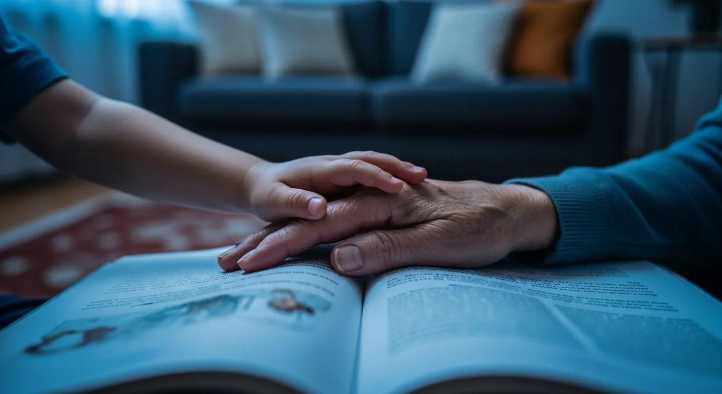 A close-up of a child's hand on a grandparent's hand holding a book, with a cozy living room at dusk softly blurred in the background.