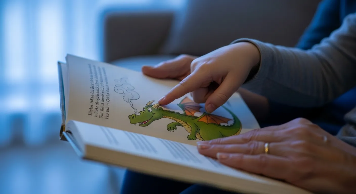 A macro shot of a child's hand and a grandparent's hand together on an open storybook. Soft, natural light fills the scene.