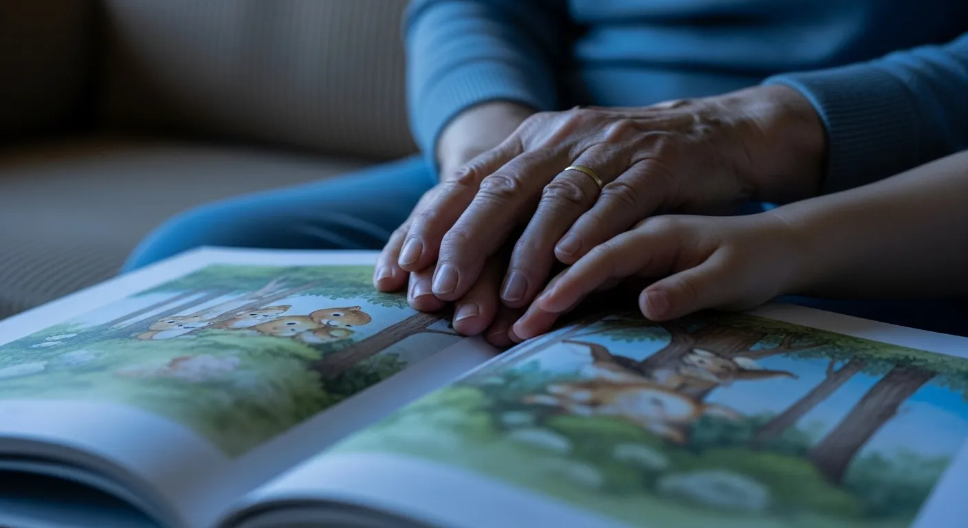Extreme close-up of a senior's hand and a child's hand resting together on an open picture book on a sofa at dusk.