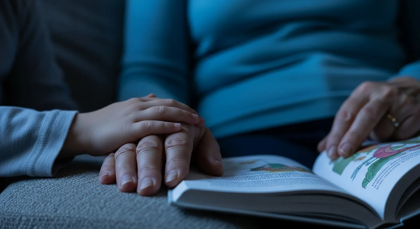 An extreme close-up of a small child's hand on top of a senior's hand, both resting on an open book during a quiet evening.