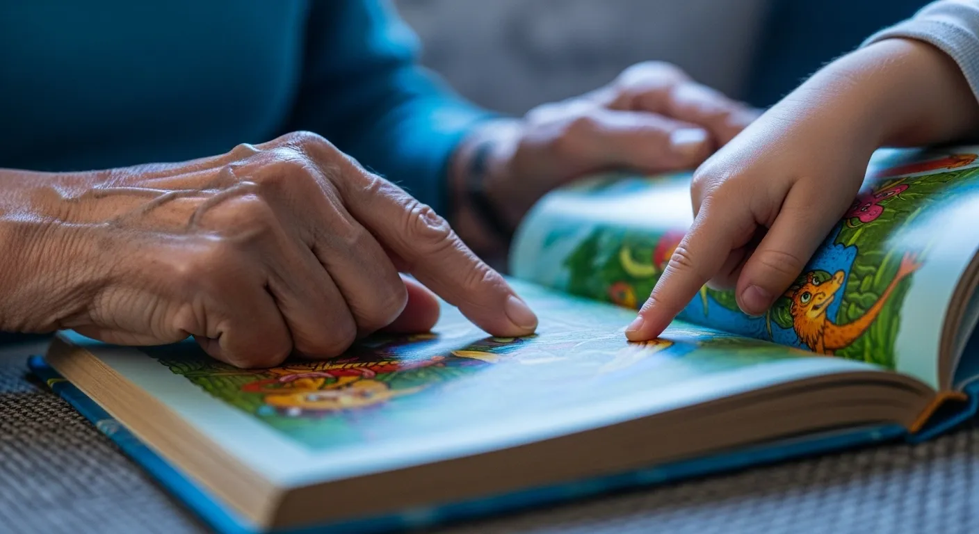 Macro view of a grandparent's and grandchild's hands on an open storybook during a quiet evening reading session.