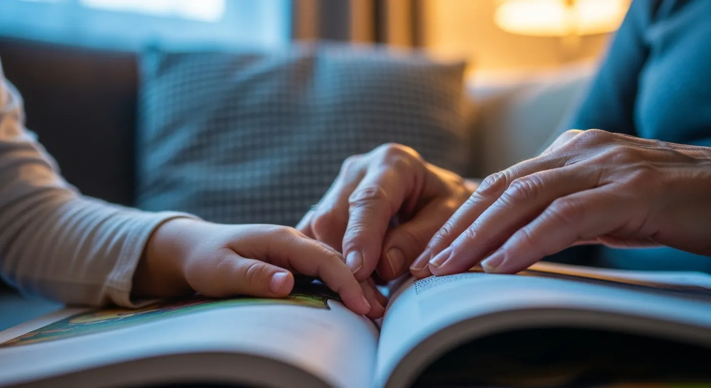 An extreme close-up of a child's hand and a grandparent's hand resting together on the page of an open book at dusk.