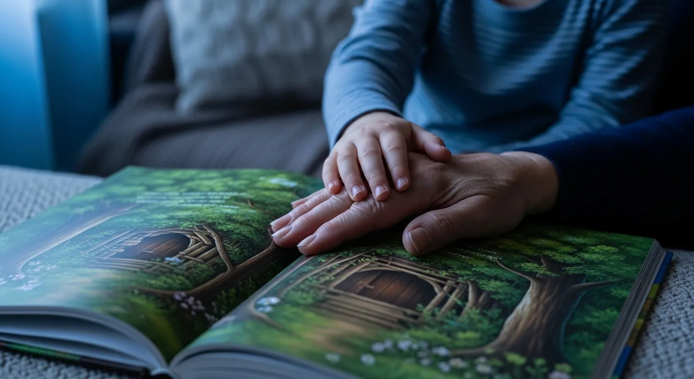 An extreme close-up of a grandchild's hand on their grandparent's hand over a book during a quiet evening.