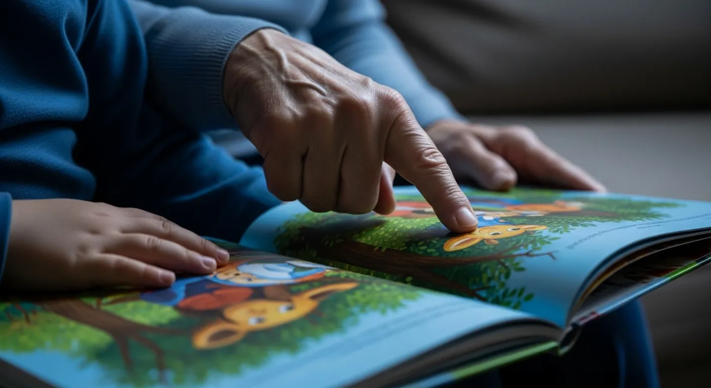 Close-up of an older person's hand and a child's hand on the open pages of a colorful storybook during twilight.