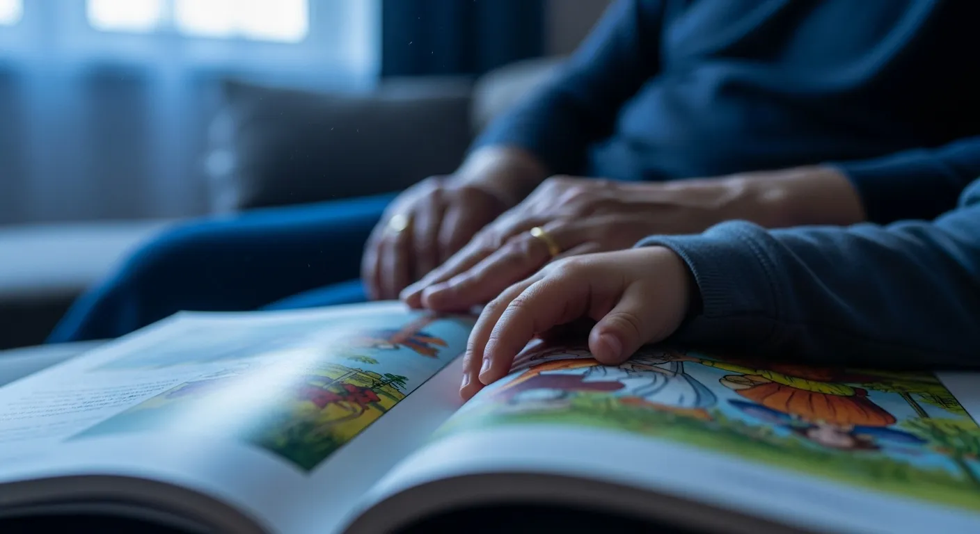 An extreme close-up of a child's hand and a grandparent's hand resting together on an open book during a quiet evening story time.