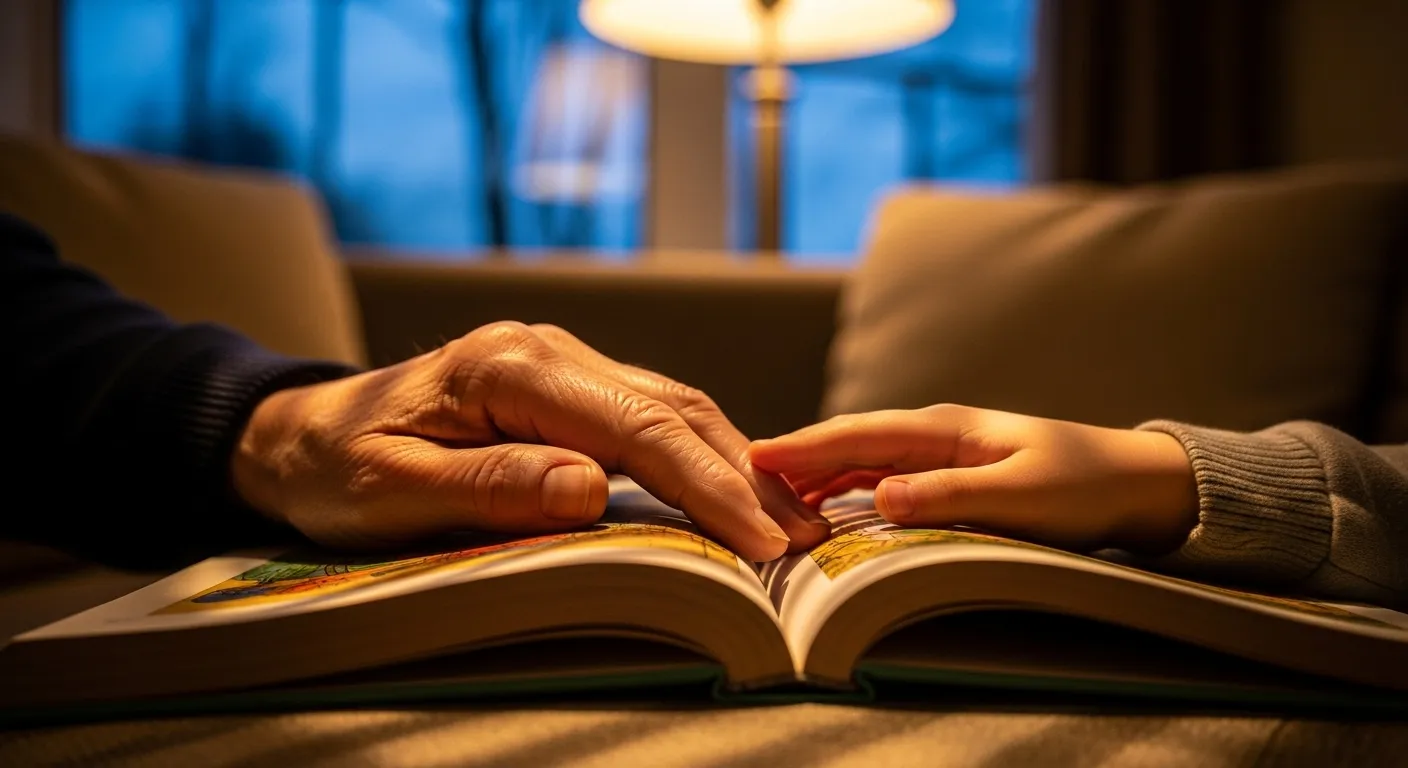 A close-up of a grandparent's hand and a grandchild's hand resting together on a storybook page on a sofa at dusk.