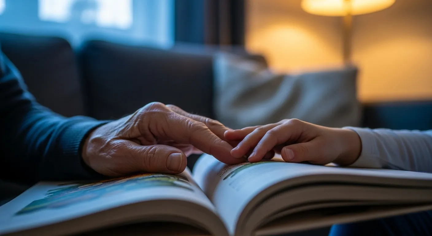 A close-up of an older person's hand and a child's hand together on an open storybook, resting on a sofa in the soft light of dusk.