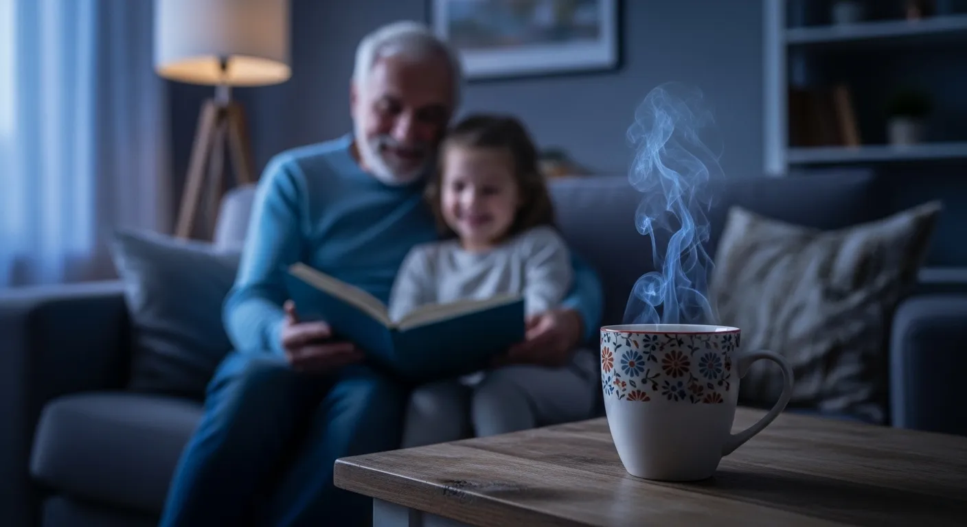 A macro shot of a warm mug of tea, with the soft, blurry figures of a grandparent and child reading happily on a sofa in the background at dusk.