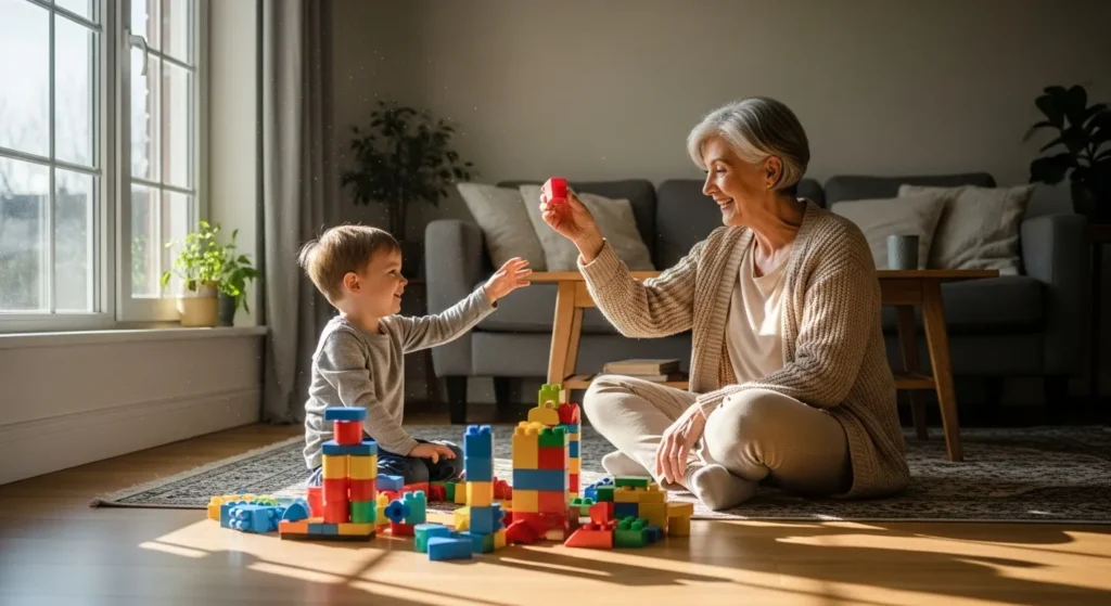 A smiling grandmother plays with blocks on the floor with her grandchild in a bright, sunlit living room.