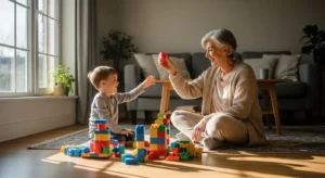 A smiling grandmother plays with blocks on the floor with her grandchild in a bright, sunlit living room.