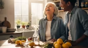 A smiling senior woman and her grandchild make a natural citrus cleaner together in a bright, modern kitchen filled with daylight.