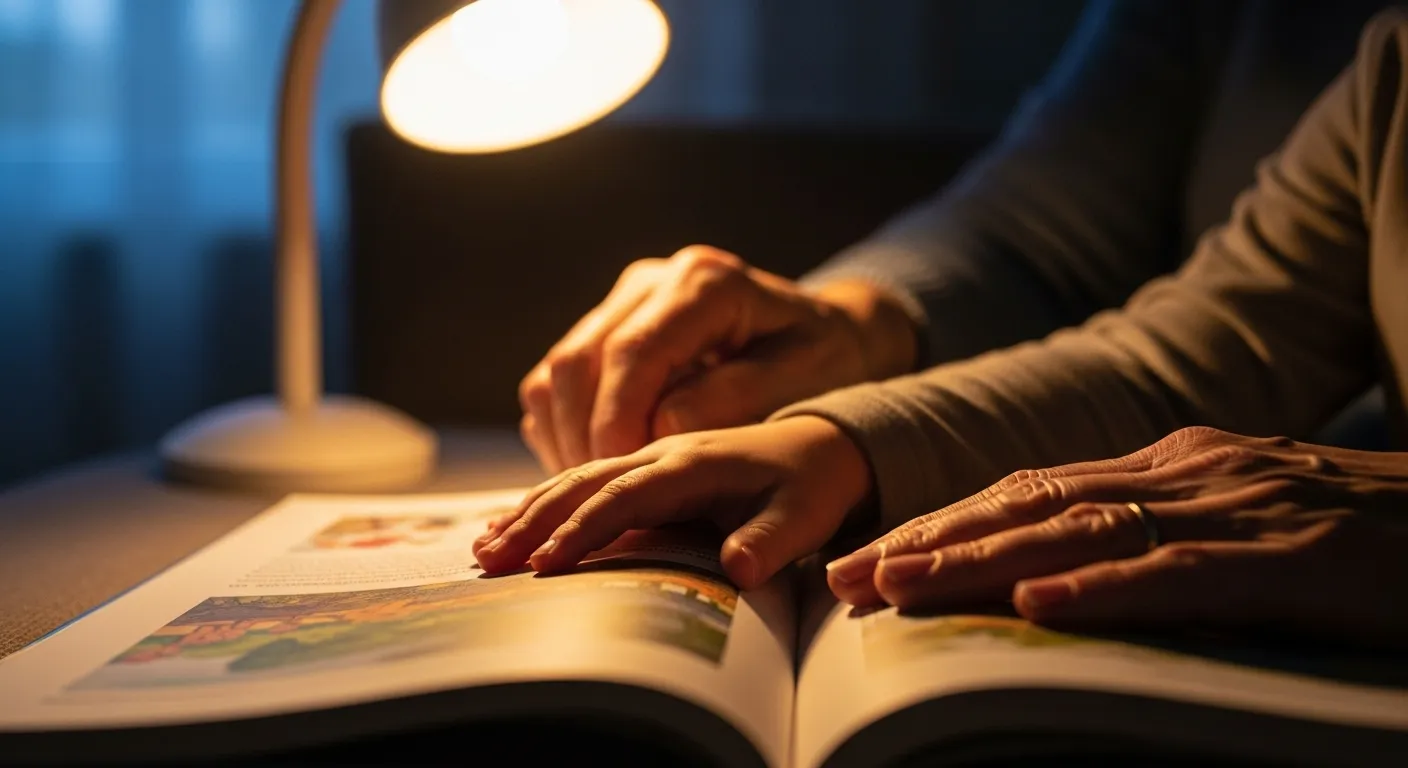 An extreme close-up of a grandchild's and grandparent's hands touching as they read a book together in the evening.